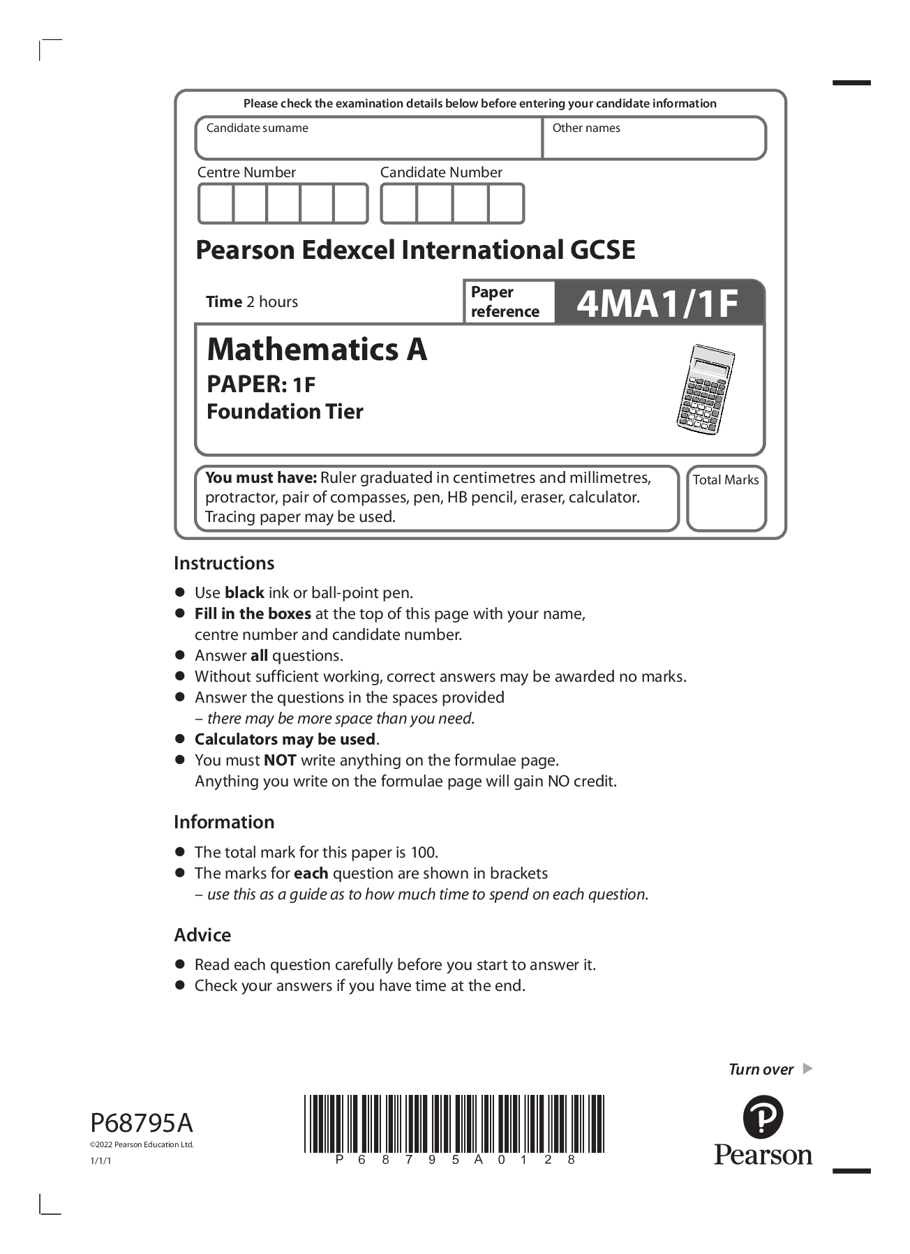 Preview image for 2022 pearson june booklet + mark scheme  Edexcel International GCSE  4MA1/1F Mathematics A PAPER: 1F Foundation Tier